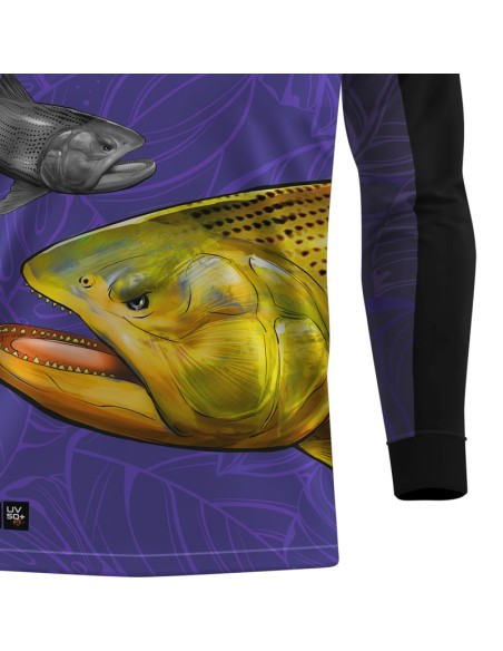 Detalhe da estampa sublimada do Supercombo de Pesca Pro Elite Dourado do rio Roxo com Camisa Punho luva Dry UV50+ e Máscara