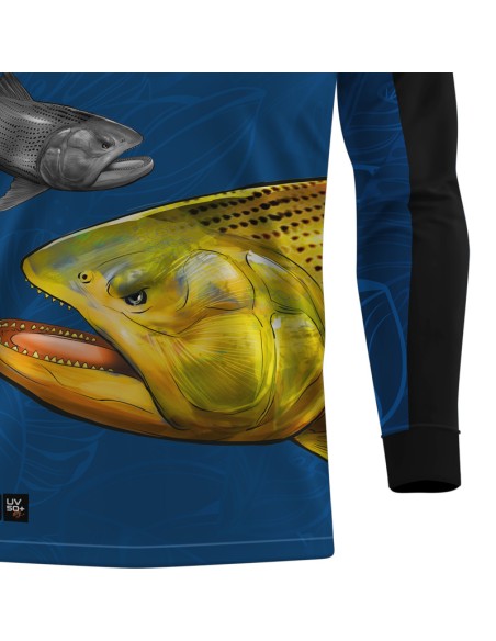 Detalhe da estampa sublimada da camisa de pesca Pro Elite Dourado do Rio Azul Quisty Fishing