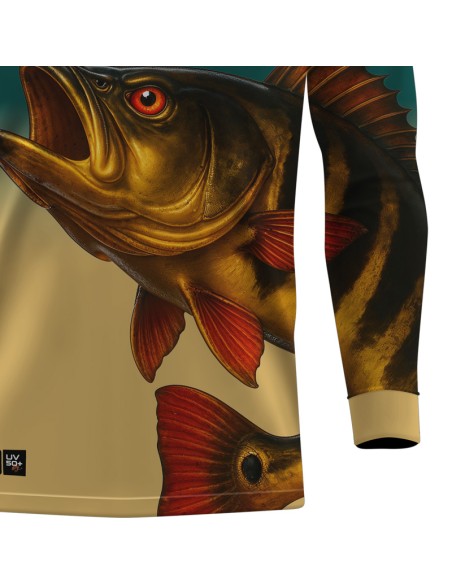 Detalhe da estampa sublimada da camisa de pesca Pro Elite Tucunaré Açu Imperial Quisty Fishing