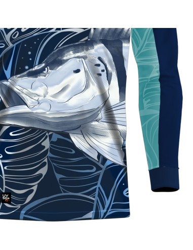 Detalhe da estampa sublimada da camisa de pesca Pro Elite Tucunaré Azul Sky Quisty Fishing