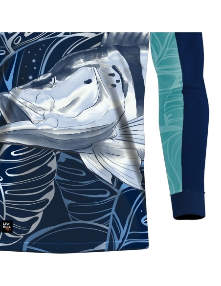 Detalhe da estampa sublimada da camisa de pesca Pro Elite Tucunaré Azul Sky Quisty Fishing