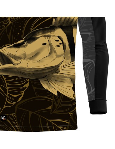Detalhe da estampa sublimada da camisa de pesca Pro Elite Tucunaré Azul Gold Quisty Fishing