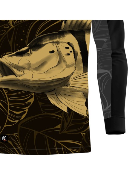 Detalhe da estampa sublimada do Supercombo de Pesca Pro Elite Tucunaré Azul Gold com Camisa Punho luva Dry UV50+ e Máscara