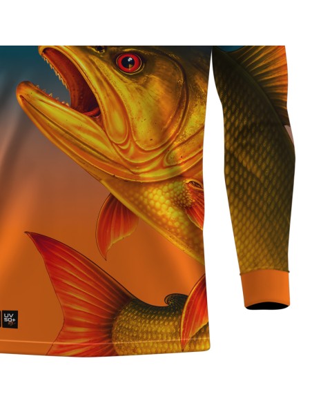 Detalhe da estampa sublimada da camisa de pesca Pro Elite Dourado do Rio Imperial Quisty Fishing