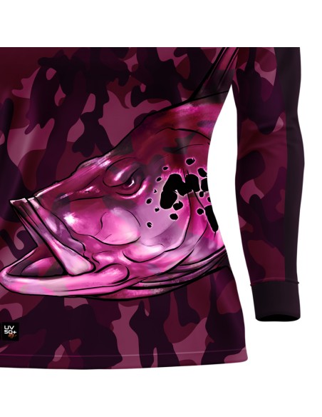 Detalhe da estampa sublimada da camisa de pesca Pro Elite Tucunaré Pantanal Fem Quisty Fishing
