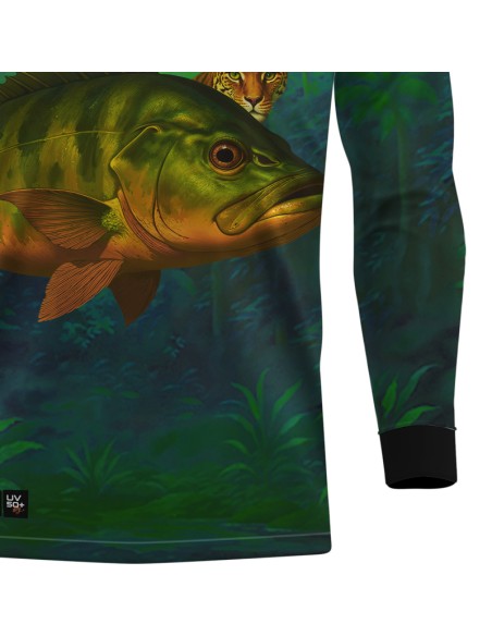 Detalhe da estampa sublimada da camisa de pesca Pro Elite Tucunaré Amazon Quisty Fishing