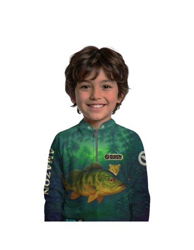 Modelo infantil vestindo Combo de Pesca Pro Elite Tucunaré Amazon com Camisa Punho luva Dry UV50+ e Máscara
