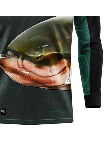 Detalhe da estampa sublimada do Supercombo de Pesca Pro Elite Tambaqui Azul com Camisa Punho luva Dry UV50+ e Máscara