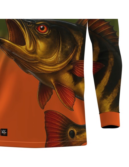 Detalhe da estampa sublimada do Supercombo de Pesca Pro Elite Tucunaré Açu Selvagem com Camisa Punho luva Dry UV50+ e Máscara