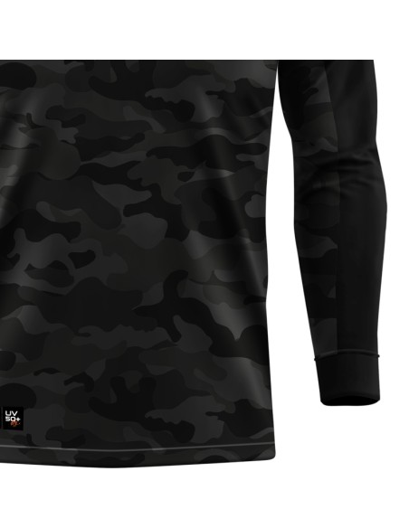 Detalhe da estampa sublimada da camisa de pesca Pro Elite Army Black Quisty Fishing