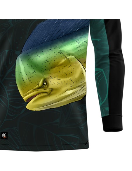 Detalhe da estampa sublimada da camisa de pesca Pro Elite Dourado do Mar Azul Quisty Fishing