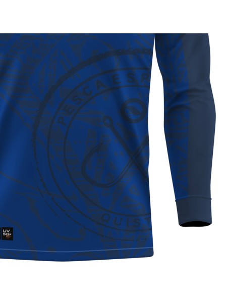 Detalhe da estampa sublimada do Supercombo de Pesca Pro Elite Anzol Blue com Camisa Punho luva Dry UV50+ e Máscara