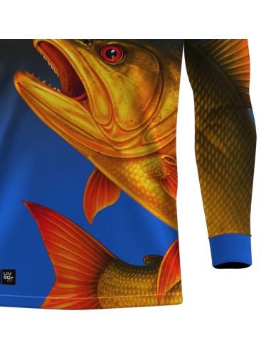 Detalhe da estampa sublimada da camisa de pesca Pro Elite Dourado do RIo Oceano Quisty Fishing