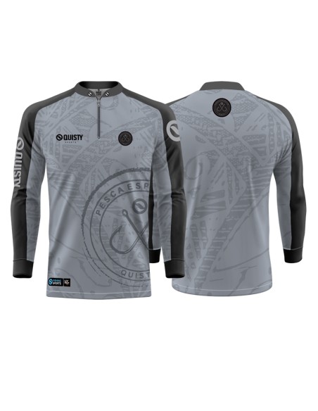 Camisa de pesca Pro Elite Anzol Quisty Fishing com proteção UV50+ e punho luva frente e costas