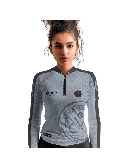 Modelo feminina vestindo camisa de pesca Pro Elite Anzol Quisty Fishing