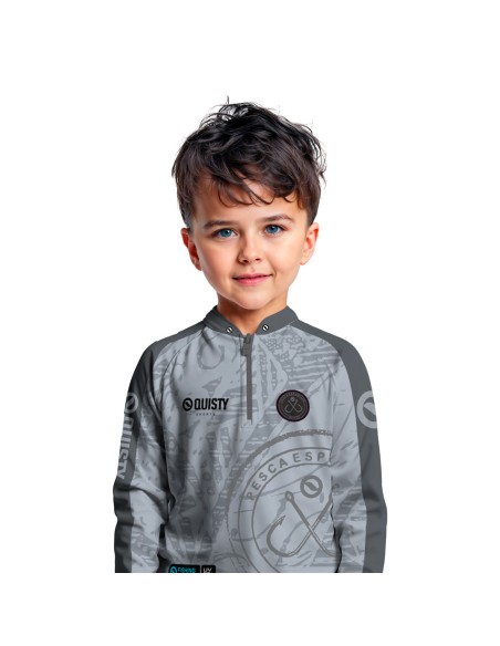 Modelo infantil vestindo camisa de pesca Pro Elite Anzol Quisty Fishing